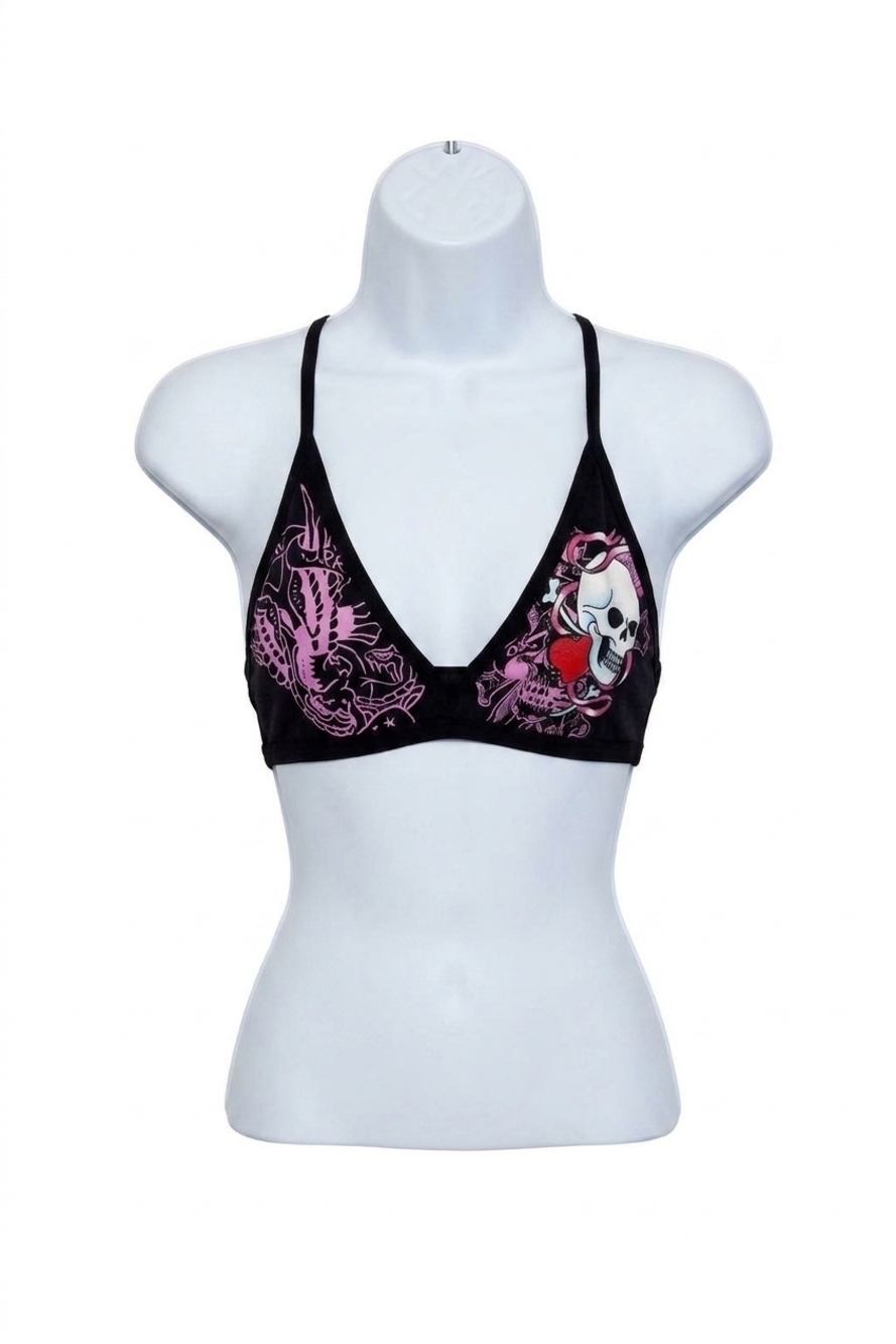 NEW ED HARDY women's ribbon skull criss cross bralette top in black